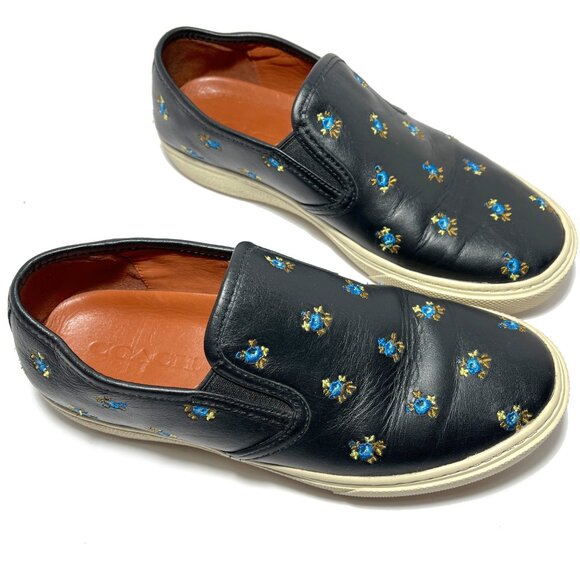 Coach G1367 Black Embroidered Floral Leather Slip On Shoes - Picture 3 of 8